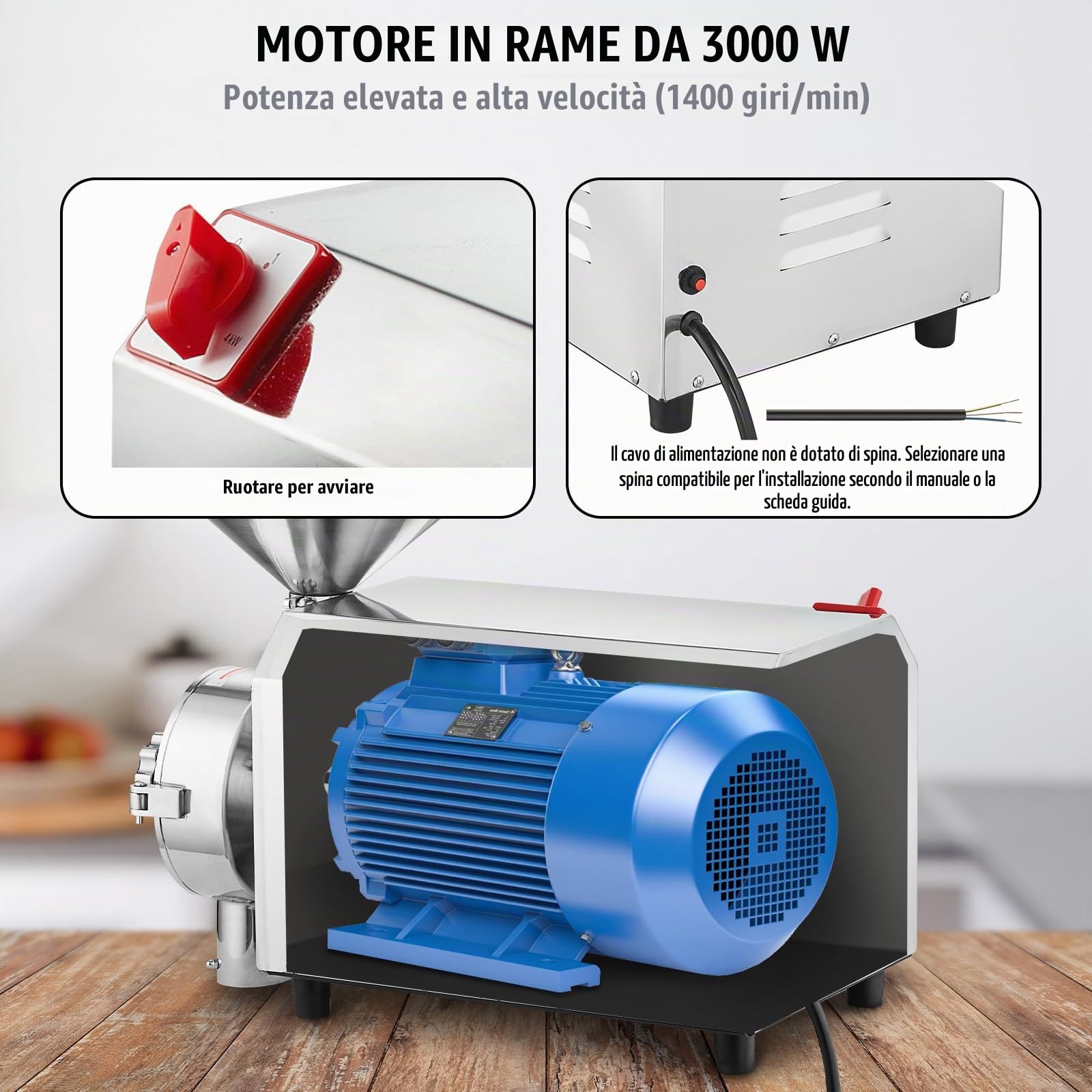 VEVOR Macinatore per Soia e Spezie 3000W Macinatore per Mais 100 KG/H Macinatore per Mais in Acciaio Inossidabile Macchina per Macinazione Industriale per Farina per Pepe Soia Arachidi Grani di Mais