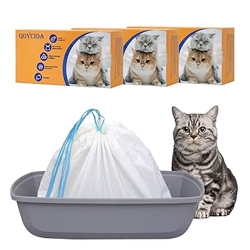 QOYCIOA 30 Cat?Litter?Liners?Large 2.4 Mils with Drawstring, Heavy-Duty Super Thick Tear Resistant Cat Liners for Most Size Litter Boxes, Jumbo Large Extra Durable Waste Bags for Pet