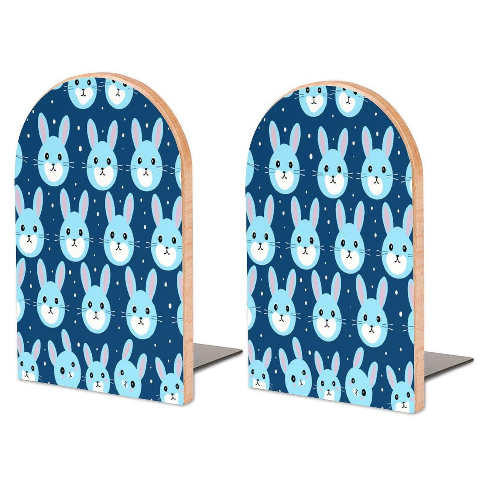 Bunny Cartoon Blue Bookend for Shelves Wooden Book End Large Size Sturdy Book Holders Stoppers with Metal Base for Bookshelves Slick Decorative Bookends Stands