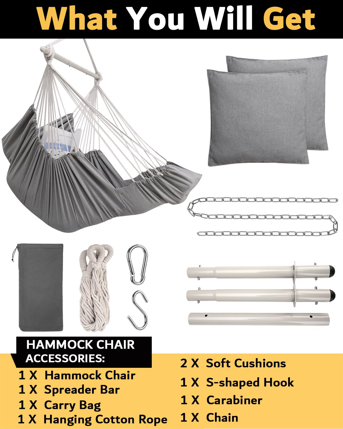 Silla hamaca colgante para dormitorio con reposapiés, máximo 500 libras, barra separadora de acero con anillos antideslizantes, 2 cojines incluidos, interior y exterior 6