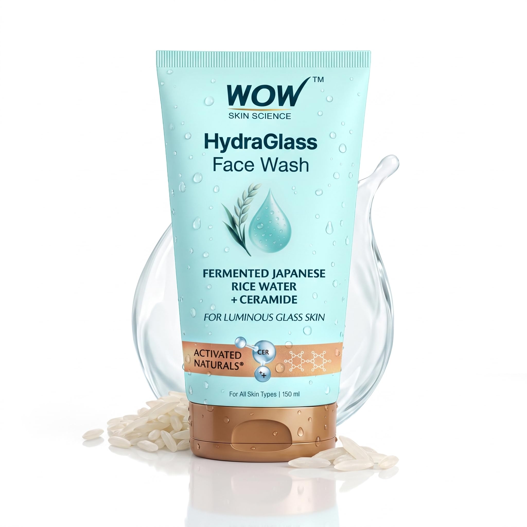 WOW Skin Science HydraGlass Face Wash for Men & Women with Fermented Japanese Rice Water + Ceramide for Glass-Like Skin | Soap-Free Gentle Cleanser for All Skin Types | 150 ML