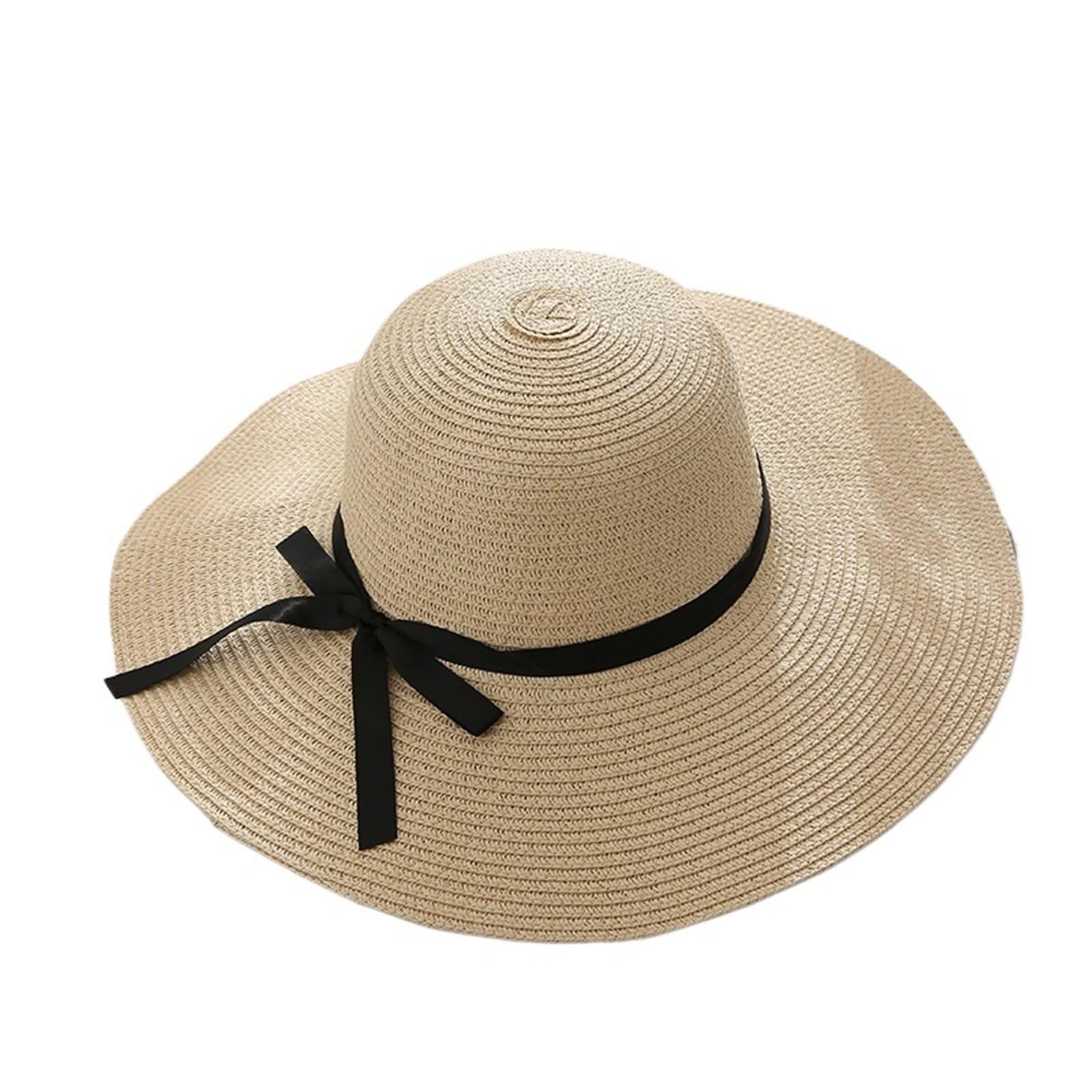Sombrero Paja 1 Uds. Sombrero de Paja ala Ancha Verano a la Moda diseño Lazo Plegable Sol Playa for Mujer Estilo Coreano Accesorio Vacaciones Hecho a Mano | Beige