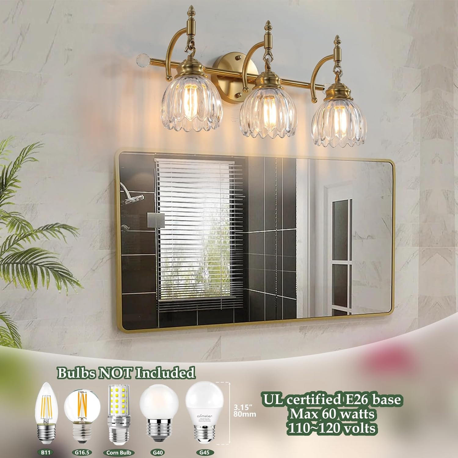 3 Light Vintage Vanity Light,Gold Brass Bathroom Light Fixture with Flower Clear Glass Shades,Bathroom Wall Light Over Mirror,E26 Base,Bulbs NOT Included