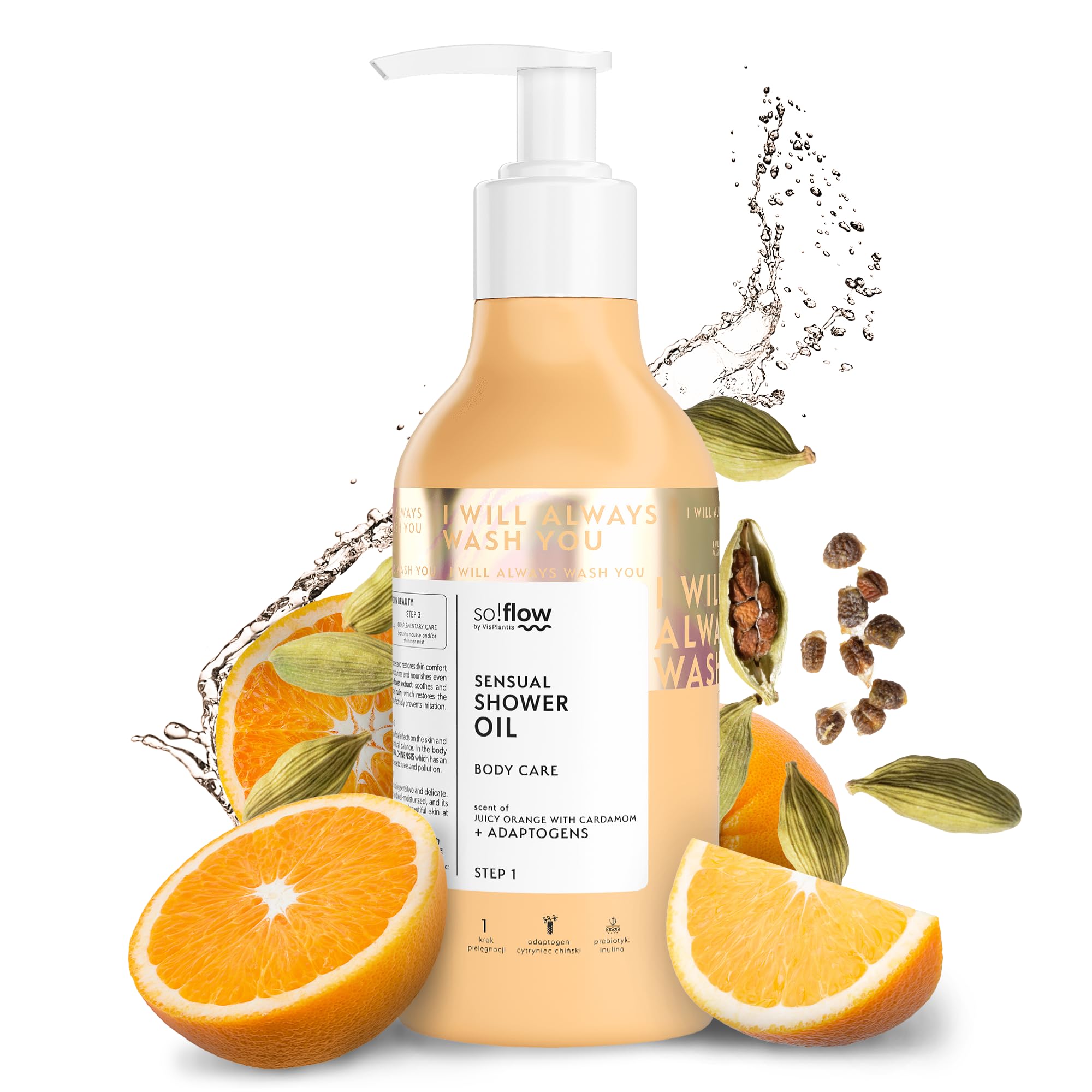Aceite de Ducha Sensual So!Flow con Naranja Jugosa y Cardamomo, Enriquecido con Aceites Nutritivos de Babassu y Macadamia para una Experiencia de Ducha Revitalizante y Lujosa