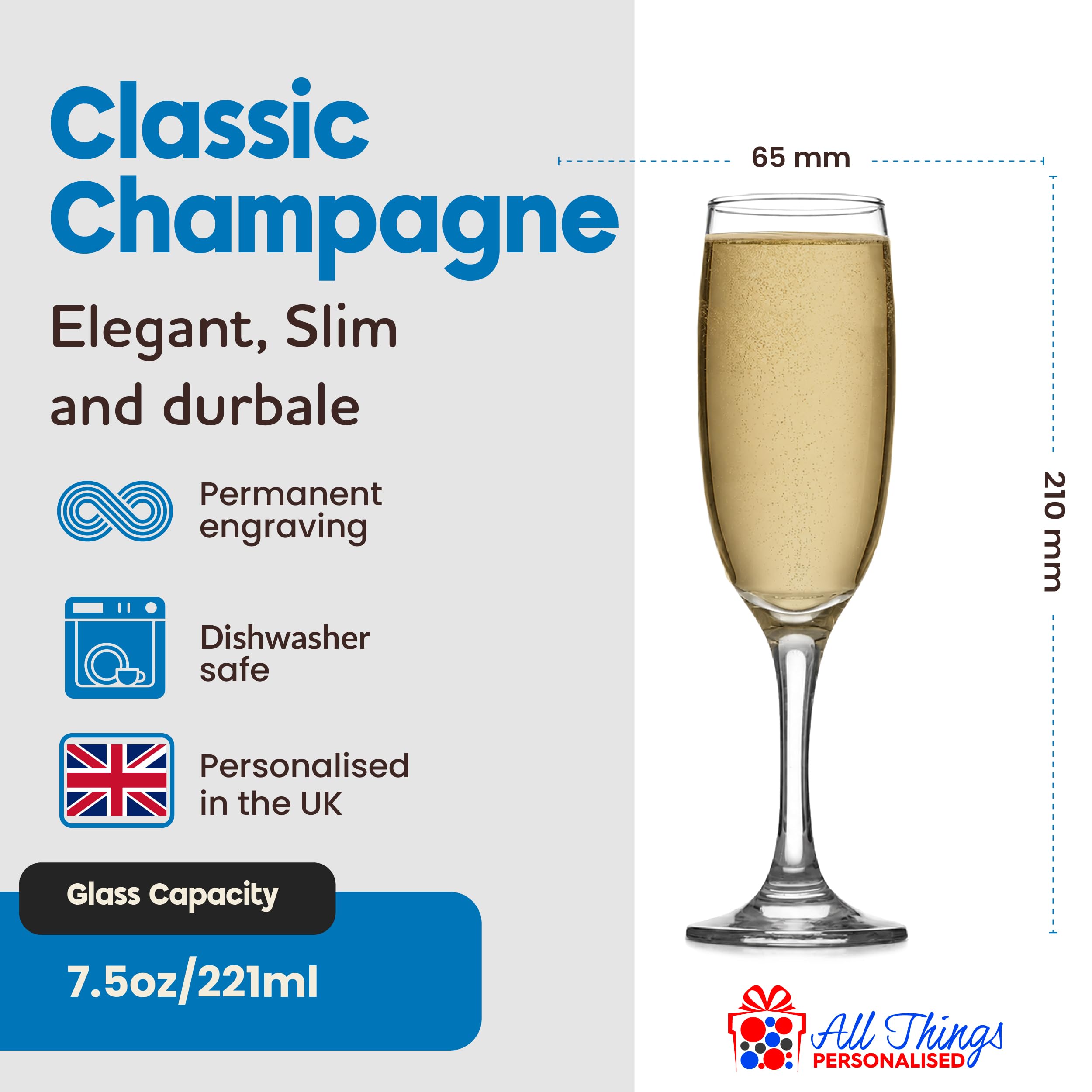 Flûte à champagne en forme de couronne avec nom, verre gravé pour bal de fin d'année, fille, mariée, enterrement de vie de jeune fille ou diplômé, 210 ml dans une boîte cadeau