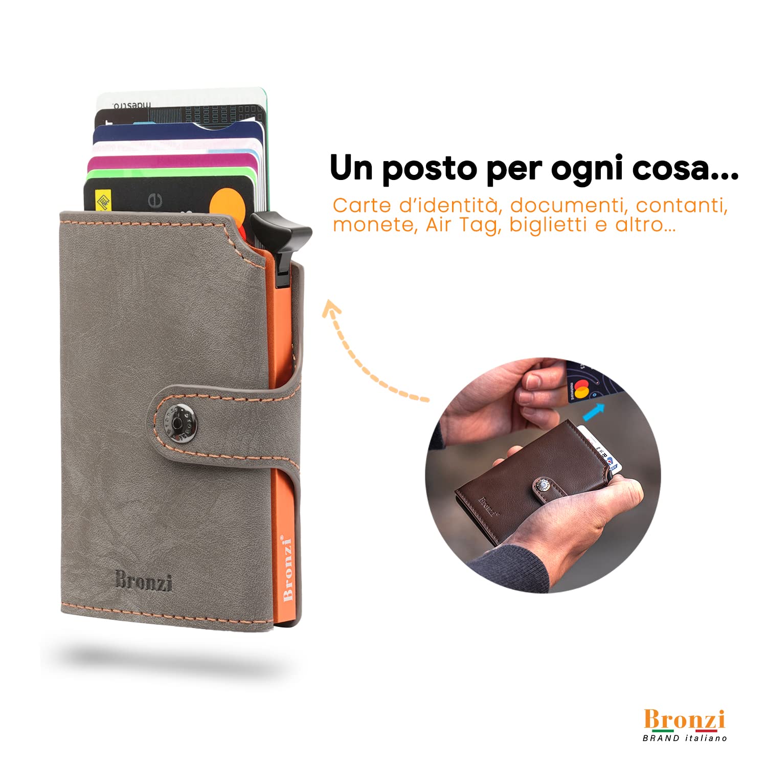 Bronzi Portafoglio Uomo Piccolo, Slim - Porta Carte Di Credito - Portacarte Con Portamonete - Porta Tessere Documenti Tascabile (Grigio Opaco)