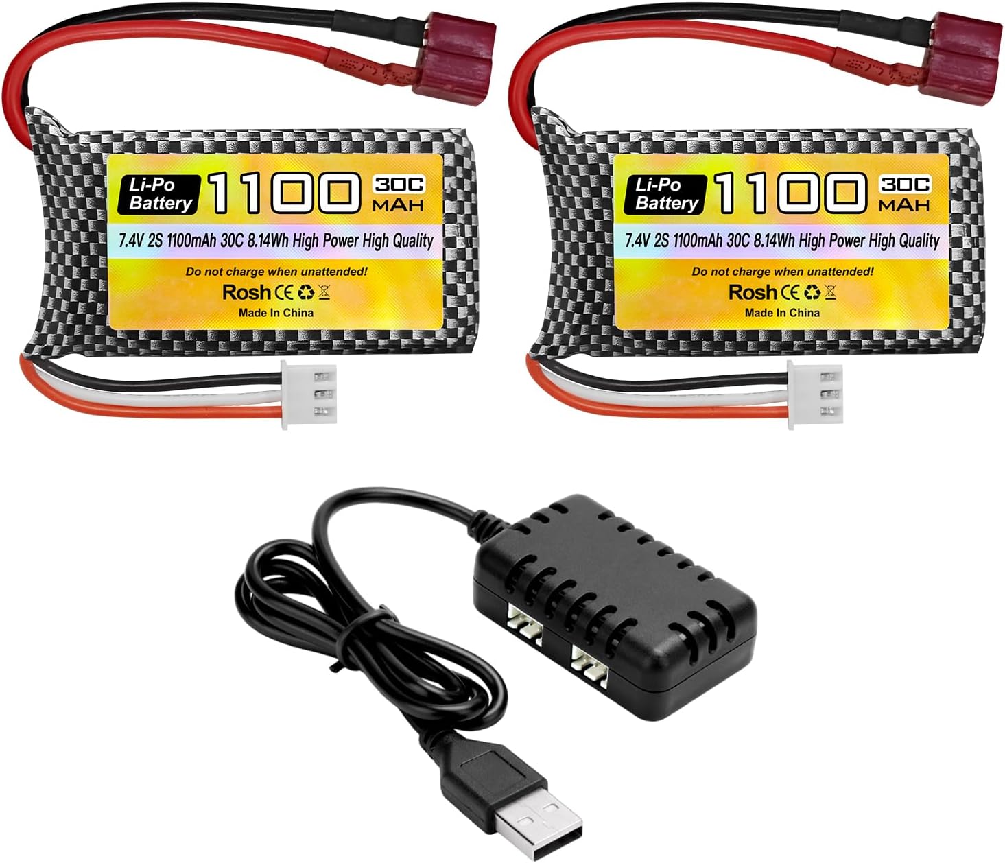 Fytoo 2PCS 7.4V 1100mah 2S Lipo Battery with T-Plug with 1PCS 2 in 1 Charger for Haiboxing 18858 18859 18859A 16890A and XLH Q903 Q903 HM163 Remote Control Car Boat Drone Spare Battery