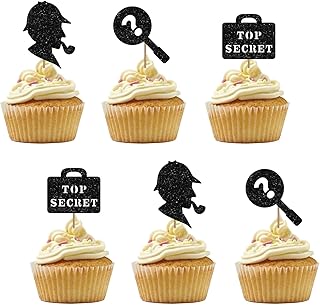 Set of 24 Detective Cupcake Toppers, Cirme Scene Cupcake Toppers, Black Glitter Top Secret Cupcake Picks for Detective Themed Party Supplies