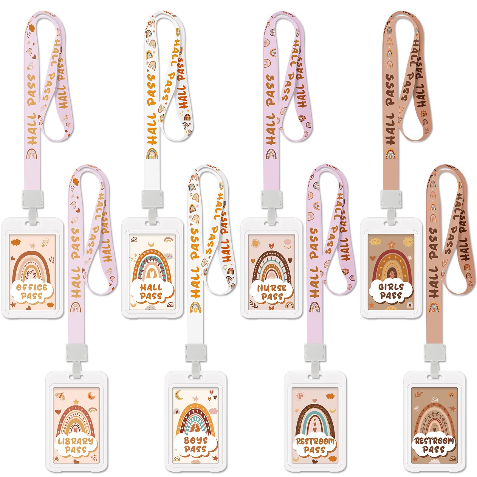 Ctosree 8 Set Rainbow Hall Pass Lanyards and School Passes Set Unbreakable PVC School Supplies Teacher Supplies for Classroom Elementary Middle
