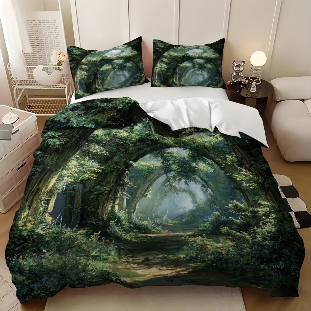 Zestaw pościeli 135 cm Fantasy Las Arch Drzewo Kołdra Miękka Zielona Mikrofibra Zamek Poszewka Na Kołdrę I Poszewka Na Poduszkę, Dla Rodzin I Dorosłych 220 x 220 cm