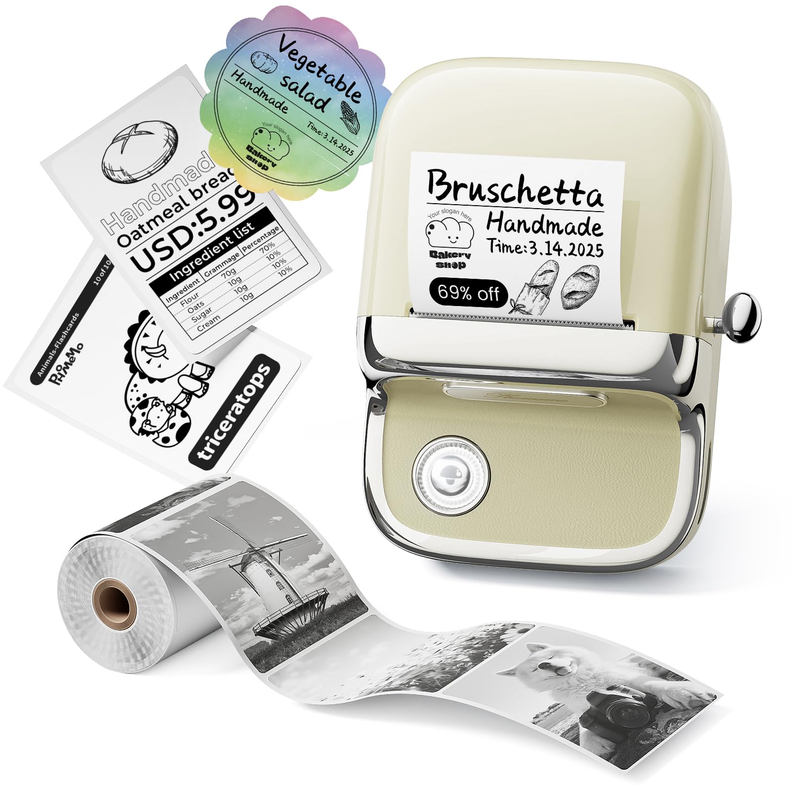 Phomemo M150 Label Maker, Upgraded Bluetooth Label Printer, Compatible with Phone, PC & Tablet, with 1 Roll Free Label Paper, Thermal Portable Sticker Printer Machine for Address,Bracode, Jar, Beige