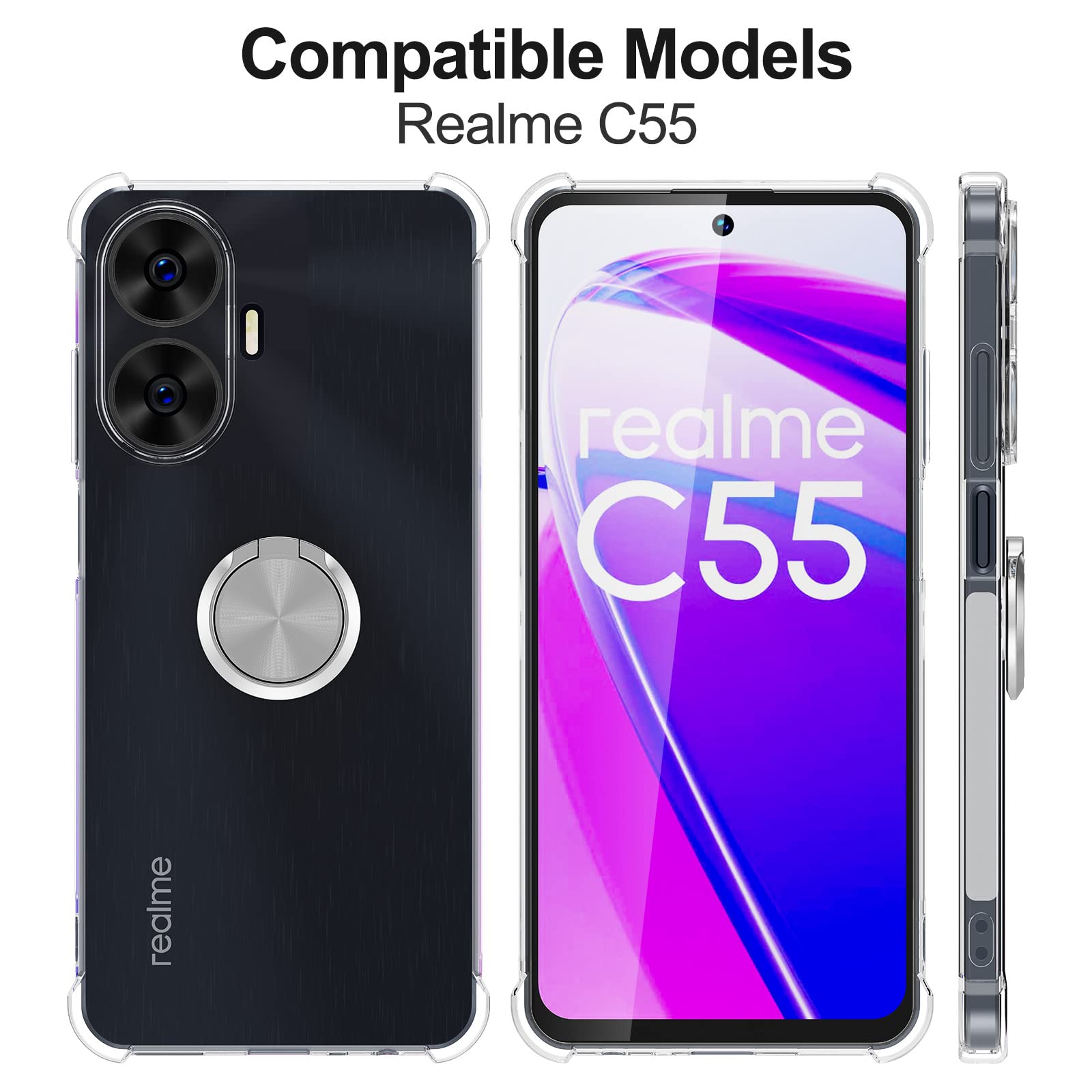 Cover Compatibile con Realme C55, Custodia Trasparente Silicone con Anello Ruotabile Cavalletto, Quattro Angoli Anti-Caduta Crystal Clear Case - Anello Argento