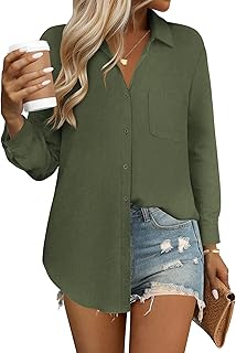 Womens Button Down Shirts Linen Cotton Long Sleeve Blouses Casual Collar...