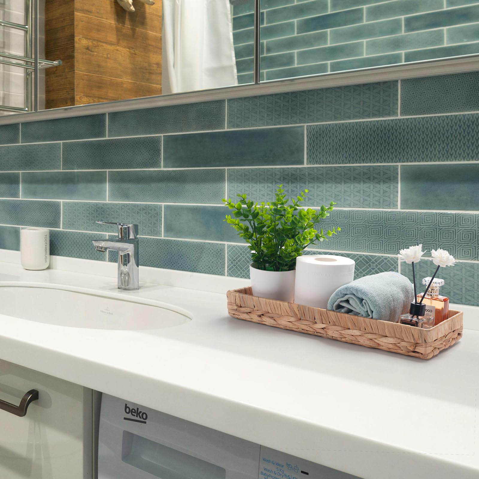 Vassoio Bagno Portaoggetti Rettangolare per Organizzare Giacinto d'acqua Cesto Vimini del Toilette Lungo Stretto Porta Asciugamani Ospiti (Naturale 41,5 x 15,5 x 5cm)