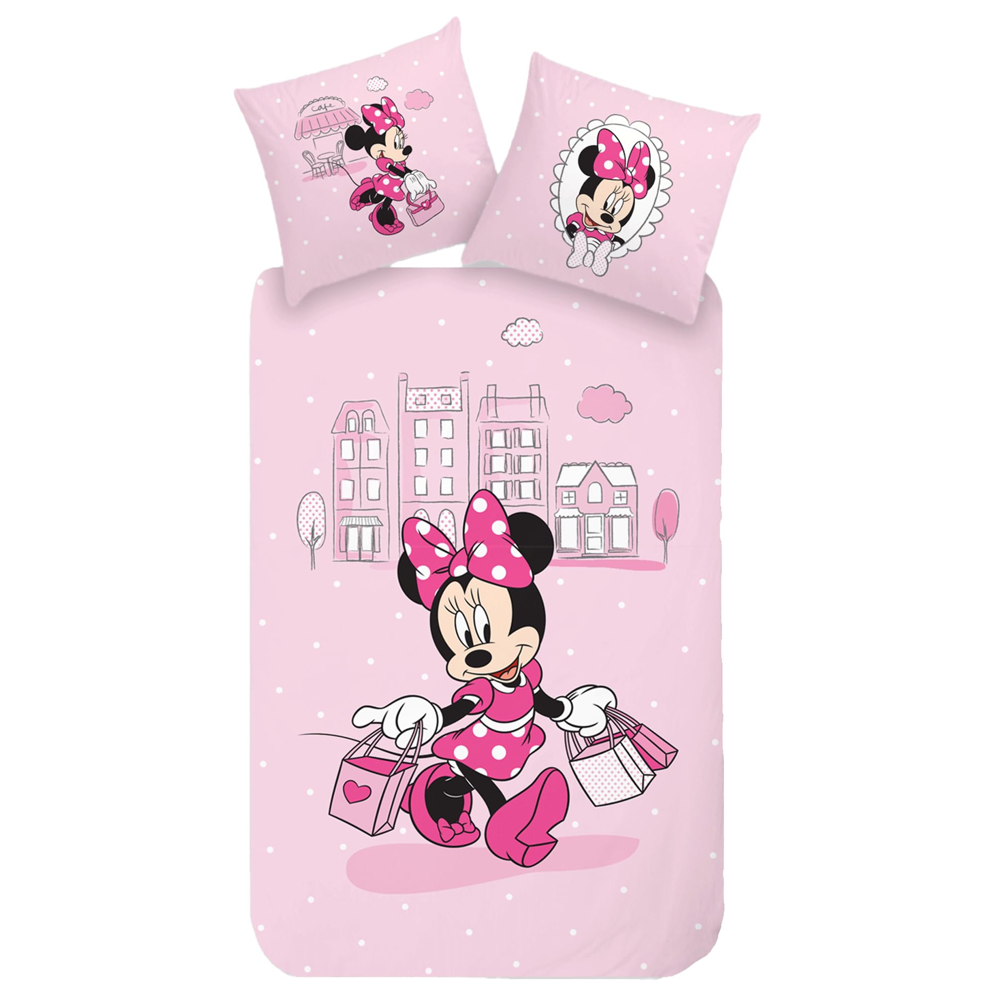 Minnie Mouse Bettwäsche Shopping 135 x 200 cm + 80 x 80 cm 100% Baumwolle in Renforcé-Linon-Qualität mit YKK-Reißverschluss Minnie Maus Disney Mickey Daisy Donald Goofy Sweet Love Deutsche Größe