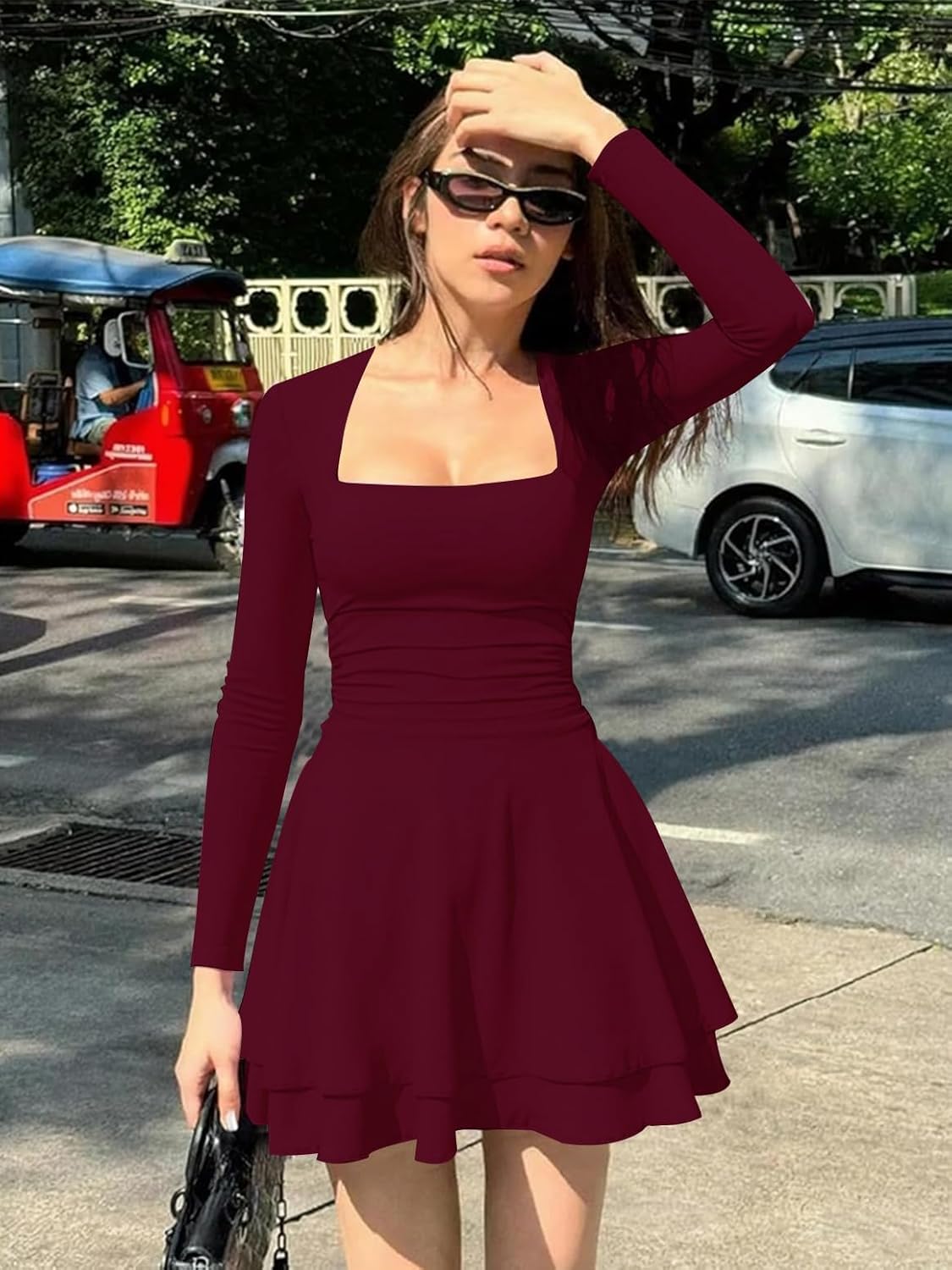 Women's Square Neck Mini Dress Long Sleeve Ruffle Hem Ruched Waist Short Corset Party Dresses (Burgundy,X-Large) - Image 4