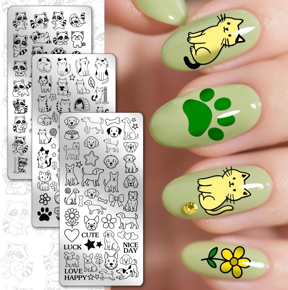 PH PandaHall 3pcs Animals Nail Stamping Plates Cute Cats Dogs Nails Art Templates Pets Raccoons Manicure Image Plates Lovely Puppy Nail Art Stencils for Women Manicures Salon Design Printing