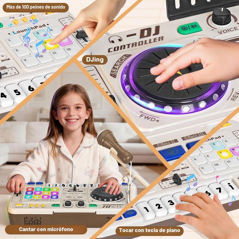 NEWFUN Mesa De Mezclas Dj para niños,Bluetooth Con Micrófono Ajustable, Teclado Con Iluminación Degradada, Alimentado Por Batería, Adecuado Como Regalo De Nivel Inicial Para Niños De 3 a 12 Años.