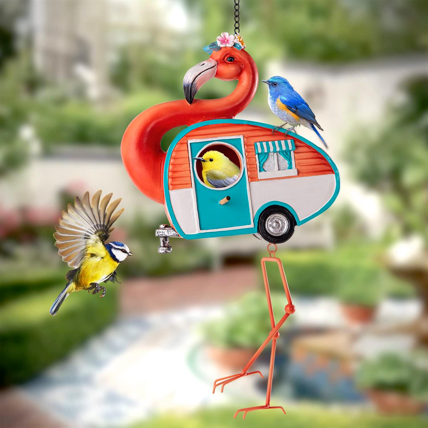 Flamingo Bird House for Outside, Unique Hand-Made Birdhouses Outdoor for Garden Decor, Resin Handicrafts, Christmas Decoration, Easy to Install and Clean, Geat Birdhouse Gift, SAME YOUNG SET