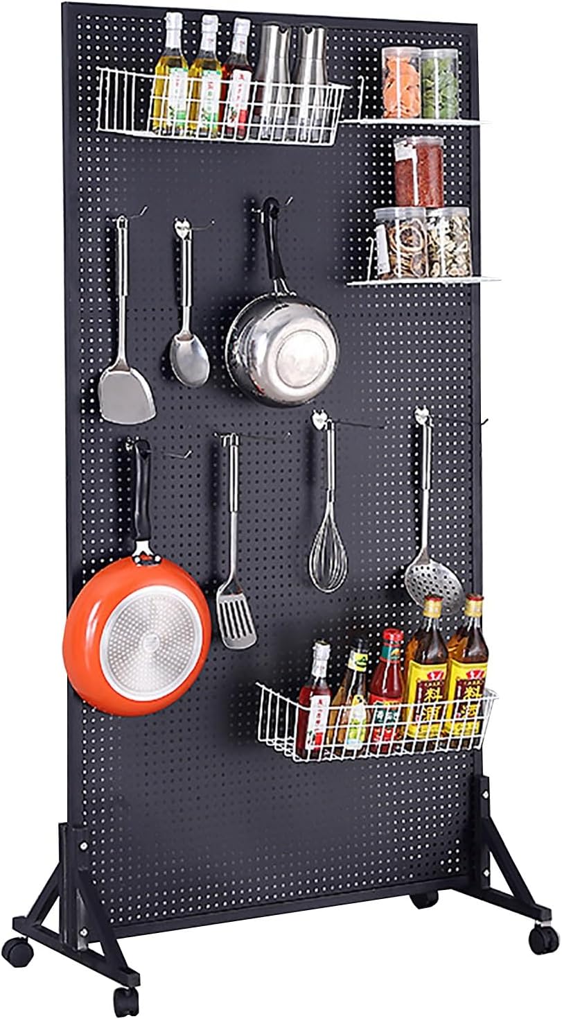 Grid Display Rack Grid Panel for Retail Display Floor Standing Flat Panel Display Stand，Pegboard Panels,Peg Board Display Stand, Metal Pegboard with Casters, Pegboard Organizer with 15 Hooks