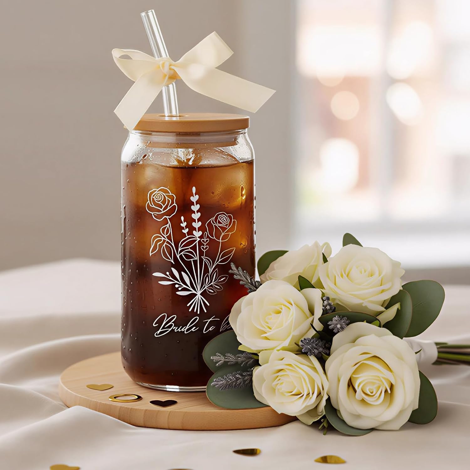Bride To Be Glass Cup with Lid & Straw-Cute Aesthetic 16oz Iced Coffee Cup Smoothie Tumbler Gift for Engagement Bachelorette Bridal Shower Wedding - Image 3