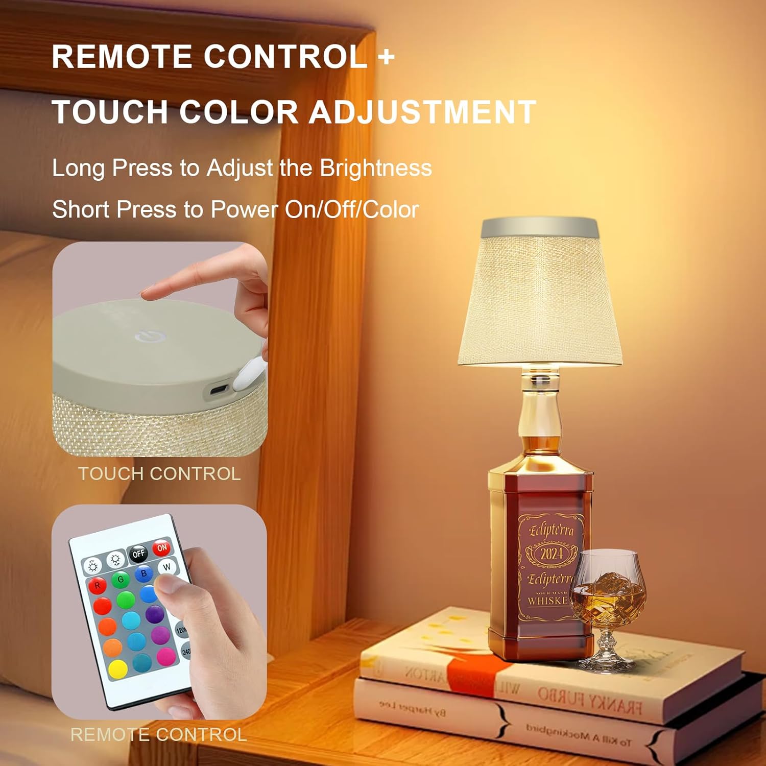 Wireless Bottle Lamp,Small Bedside Table Lamp,RGB LED Bottle Light with Remote Dimmable(RGB Gold Gray, 1pc)