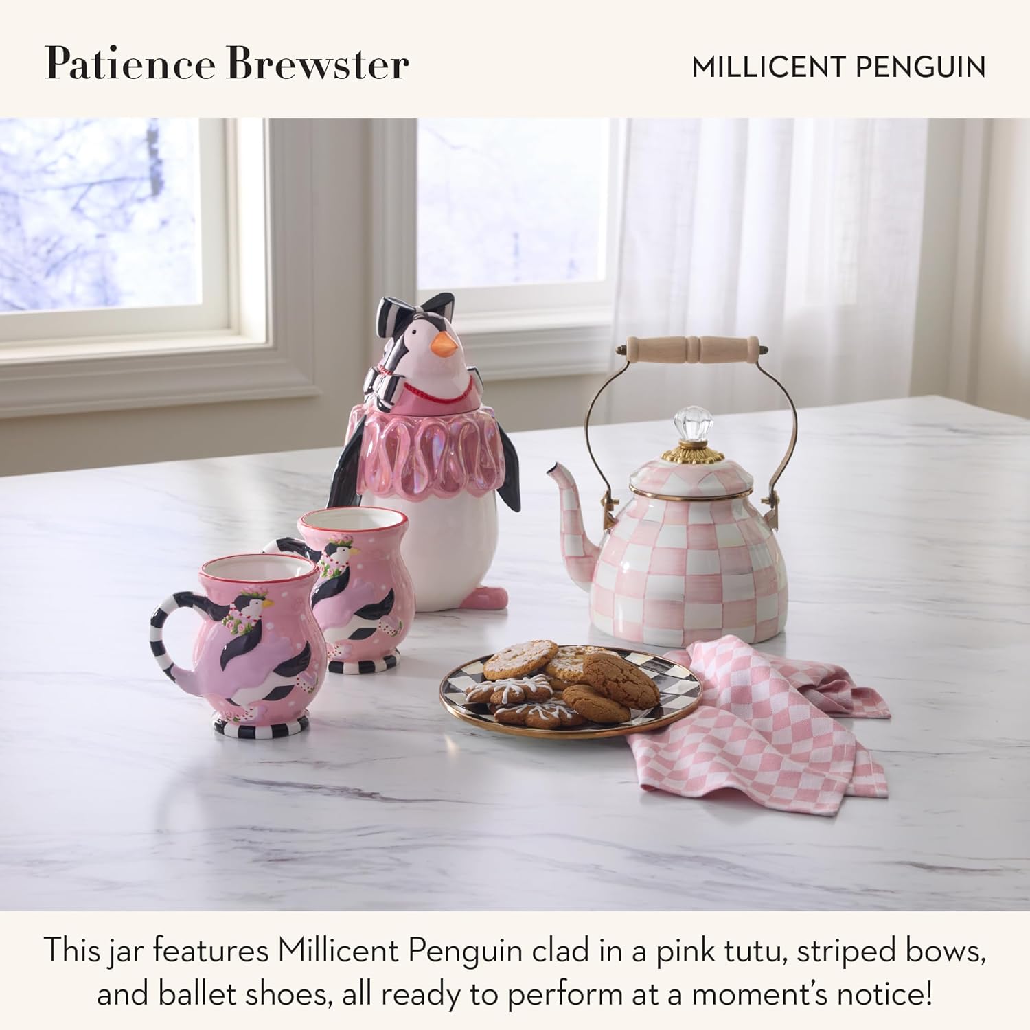 MACKENZIE-CHILDS Patience Brewster Millicent Penguin Ceramic Cookie Jar, Cute Kitchen Decor