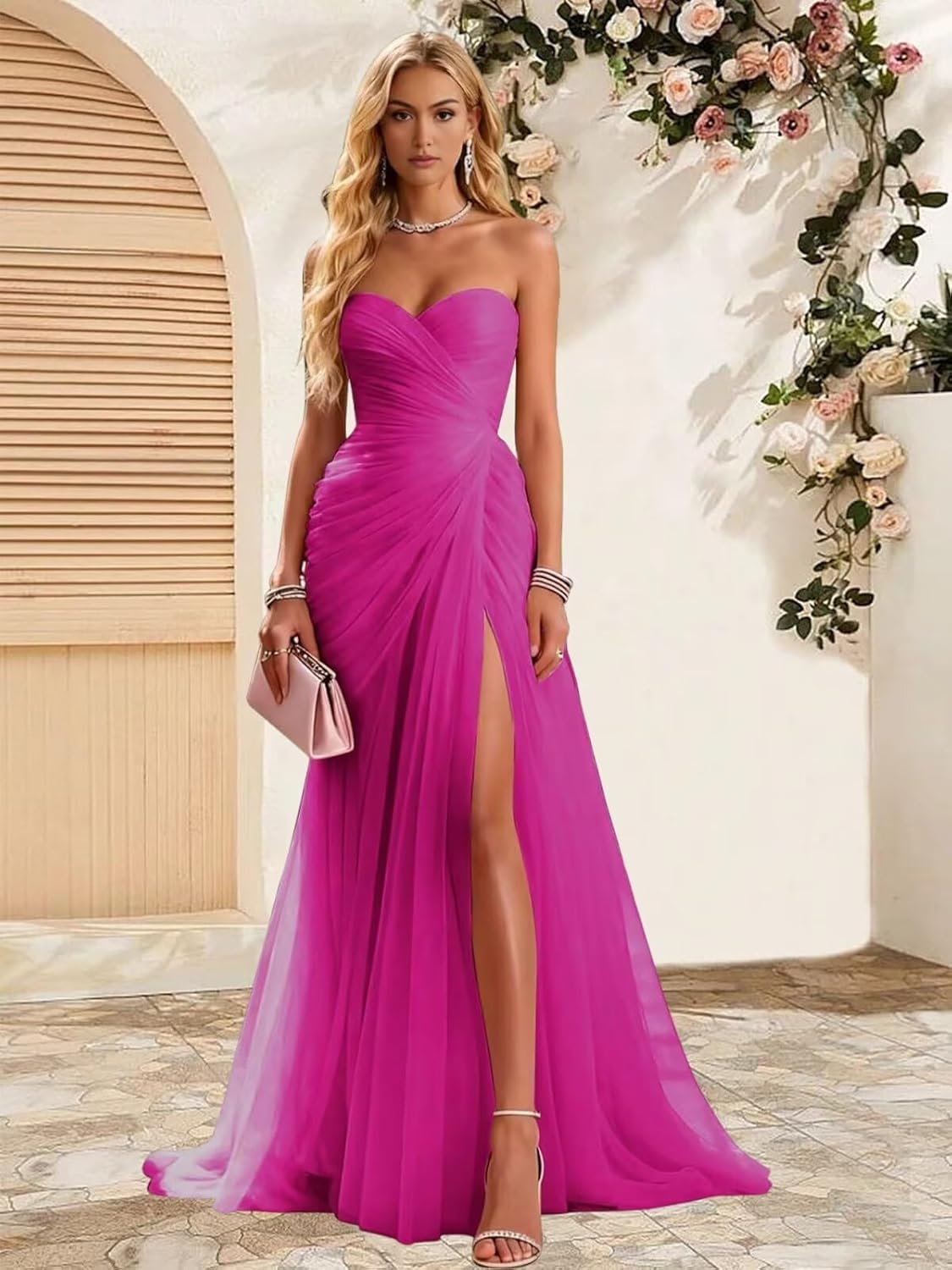 Strapless Tulle Prom Dresses for Women Sleeveless Pleated Formal Evening Dress with Slit