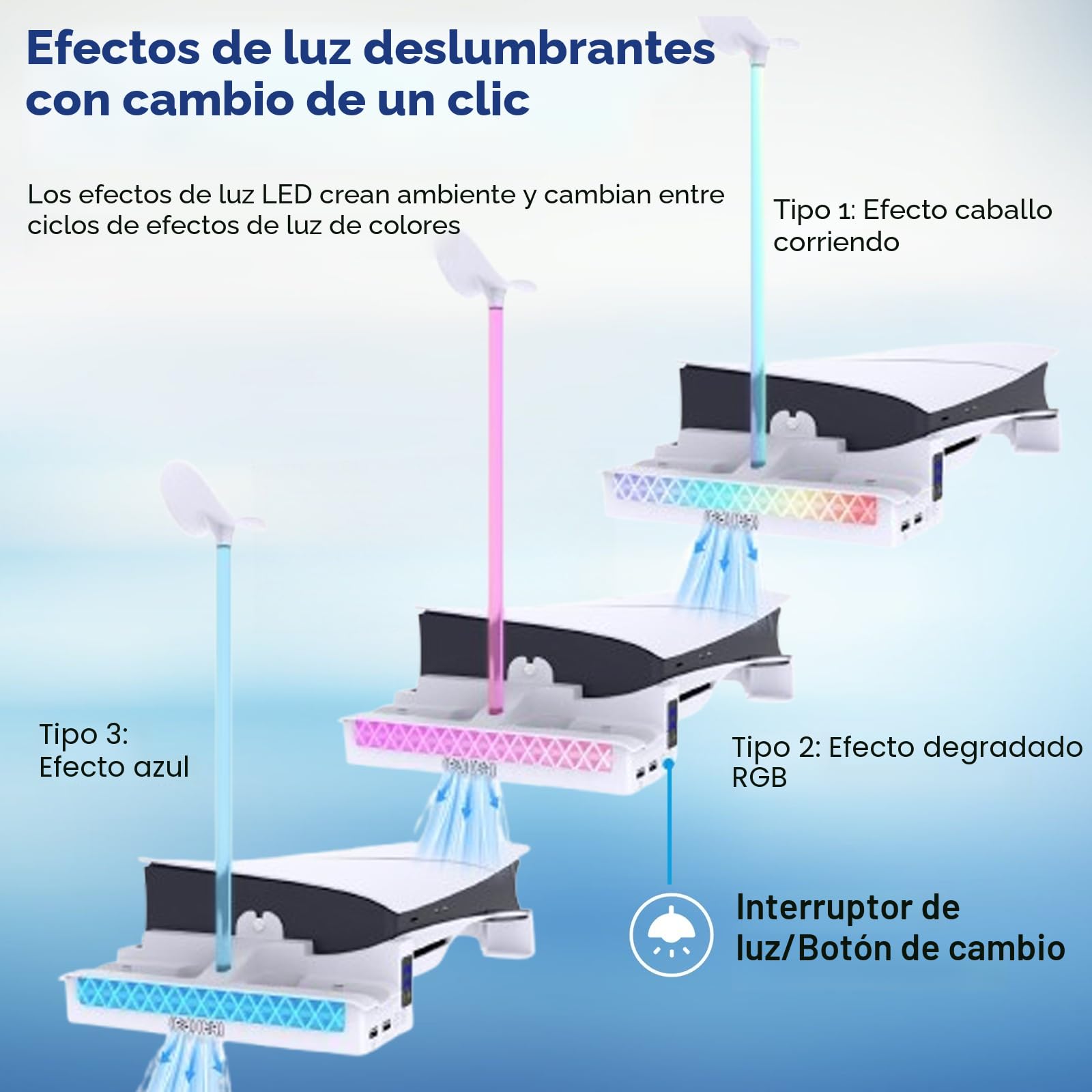 Soporte Horizontal RGB para PS5 Pro/PS5 Slim con Cargador de Controlador Dual, Soporte PS5 Horizontal con Ventilador de Refrigeración y luz RGB, para PS5 Pro/Slim Disc & Digital Edición
