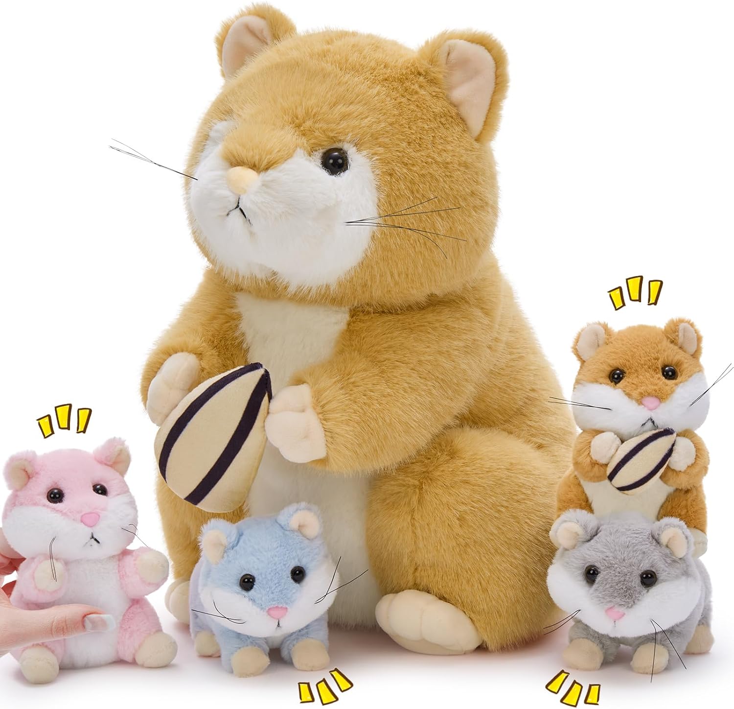 MorisMos Realistic Hamster Stuffed Animal with 4 Surprise Squeaky Babies - 13" Mama Plush Hamster Toy for Kids Girls Boys Birthday Christmas, Educational Family Role Play Gift for Birthday Christmas