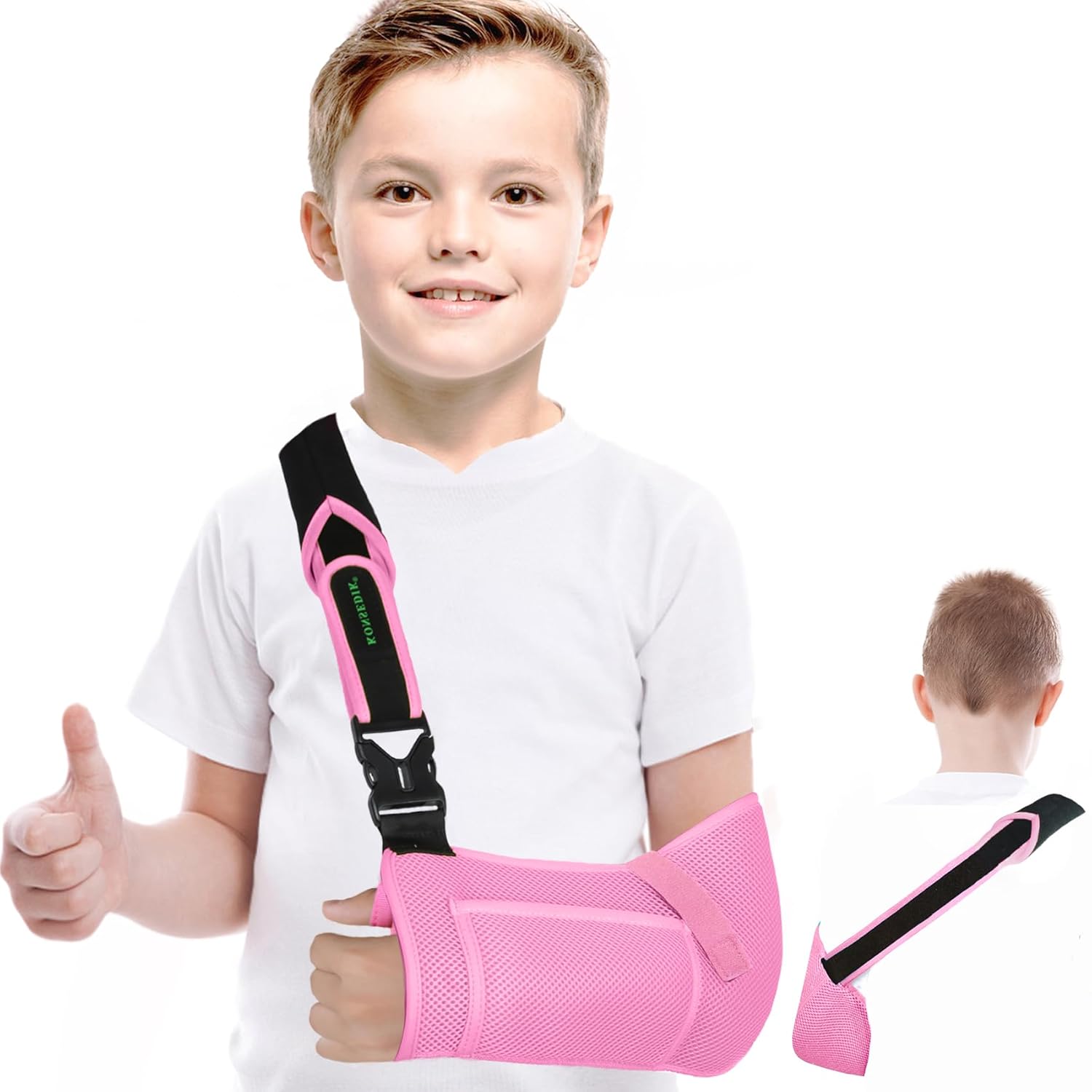 KONSEDIK Arm Sling for Kids - Adjustable Breathable Shoulder Immobilizer with Pockets,Supports Rotator Cuff Injury,Wrist,Elbow,Clavicle Fracture Recovery,Post-Surgery Sling for Left or Right Arm(Pink,X-Small)