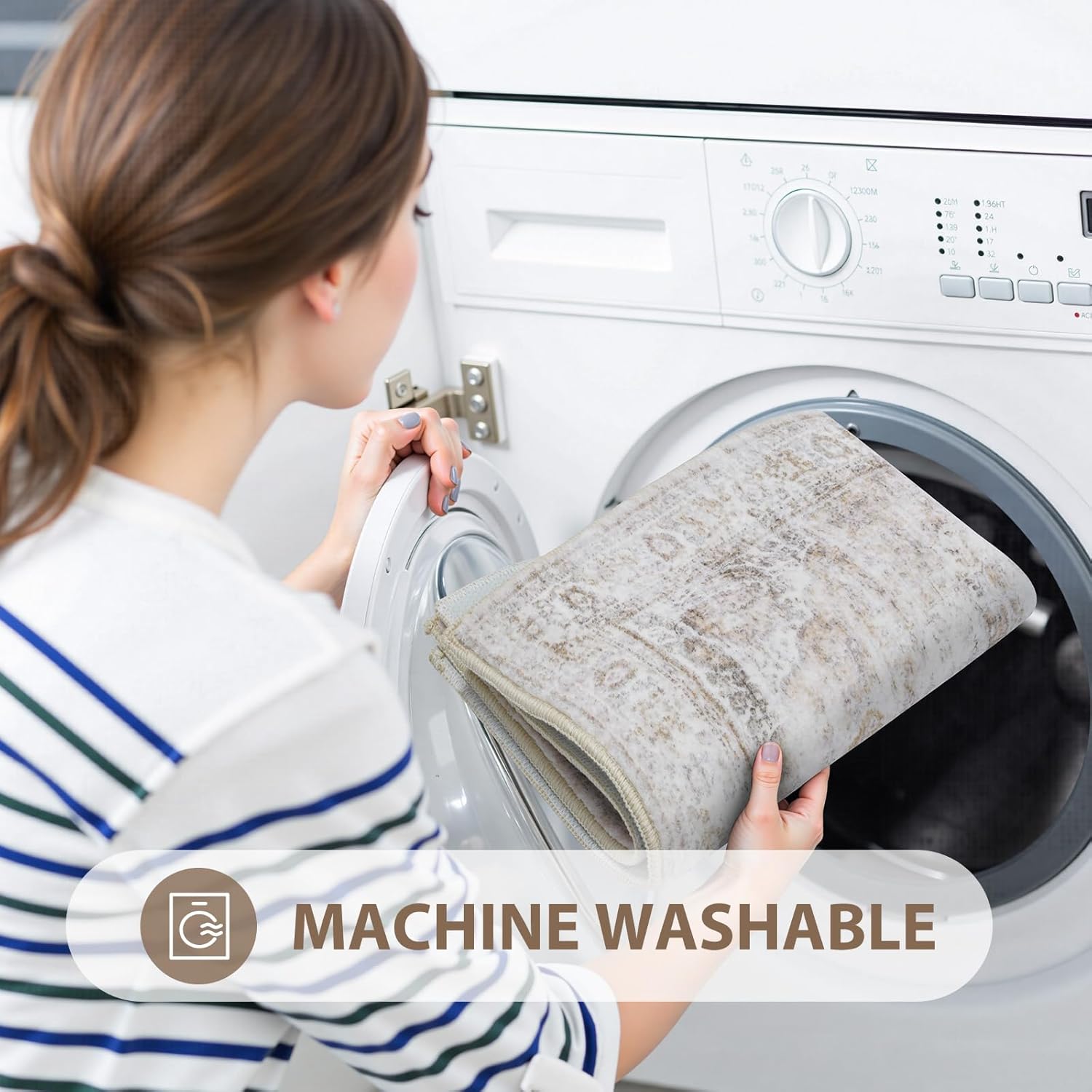 Uphome Bathroom Rugs Runner, Distressed Farmhouse Boho Light Khaki Bath Mat, Non Slip Washable Long Bath Rugs, Vintage Traditonal Soft Velvet Bathroom Runner for Bathtub Sink Shower, 18x47 inch