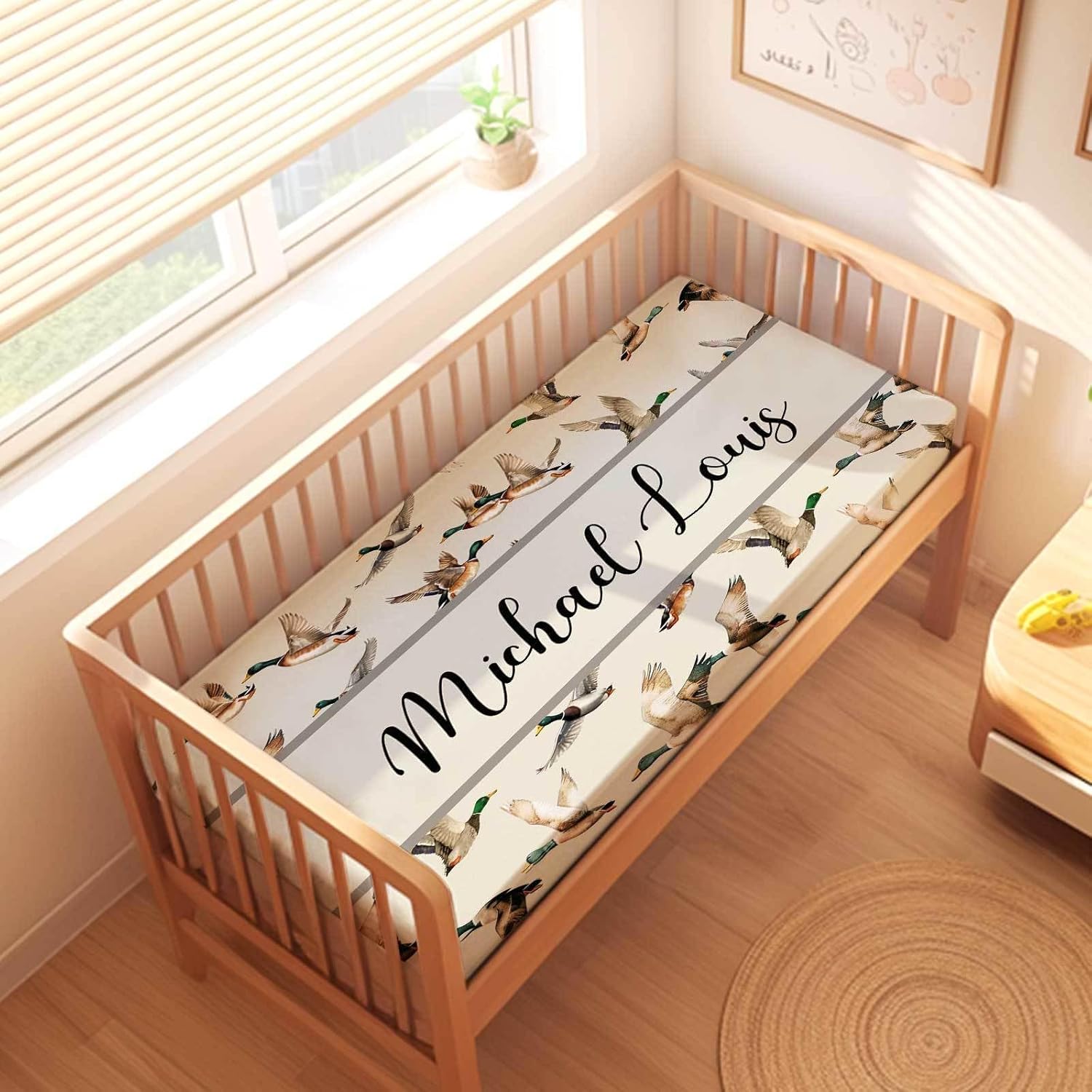 Custom Name Baby Crib Sheet Wild Duck – Personalized Fitted Crib Mattress Cover for Boys and Girls, Soft, Breathable Nursery Bedding for Newborn & Toddler Beds