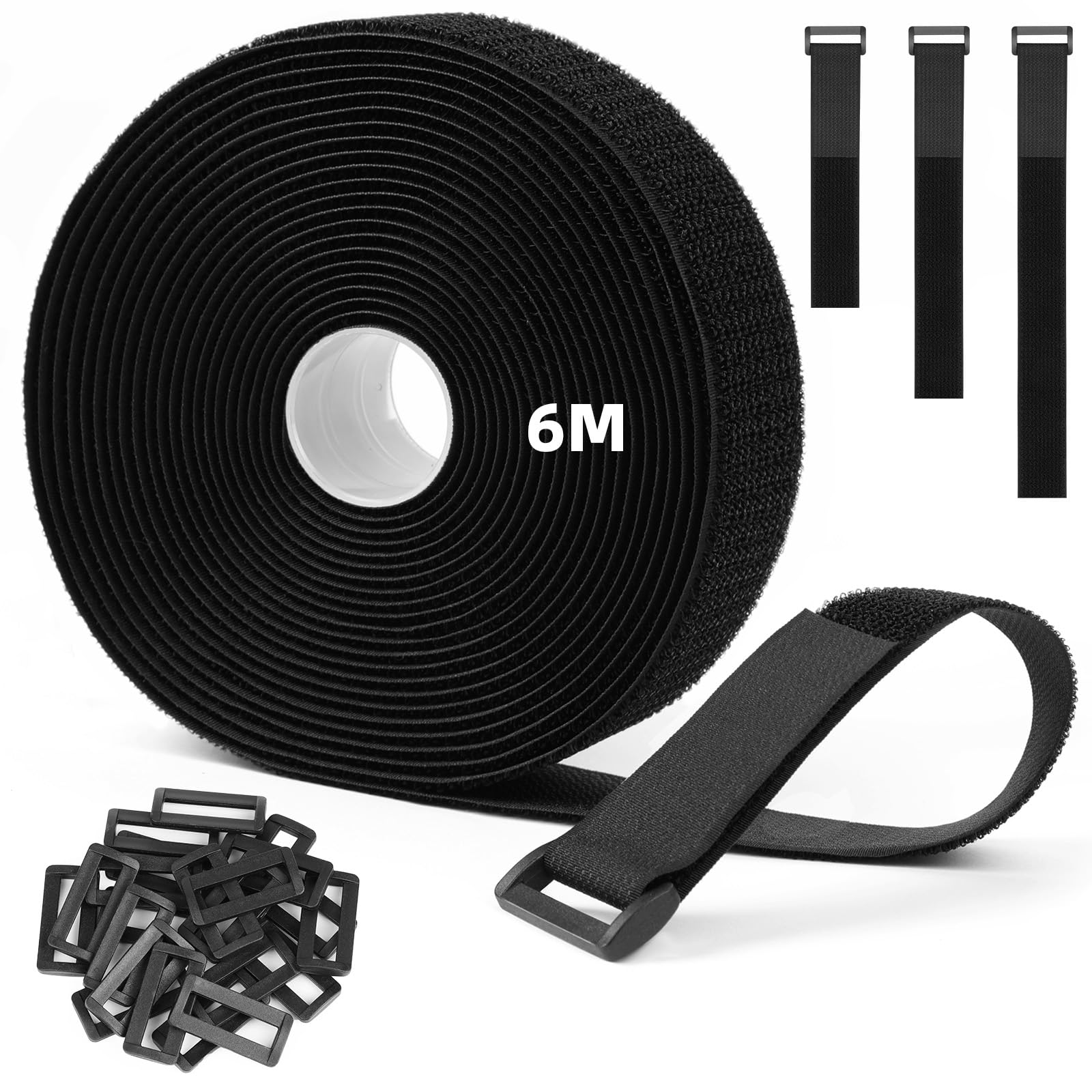 HOTUT Bridas Reutilizables para Cables de 6m x 3.8cm con 25 Hebillas, Ajustables de Nylon con Gancho y Bucle, Cortables a la Longitud Deseada, Cintas de Sujeción para Organizador Management de Cables