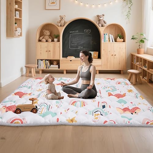 Miniatura 7 de Tapete de juego para bebé para suelo, tapete acolchado suave de 50 x 50 pulgadas para corral, plegable y lavable a máquina, grueso para bebés y