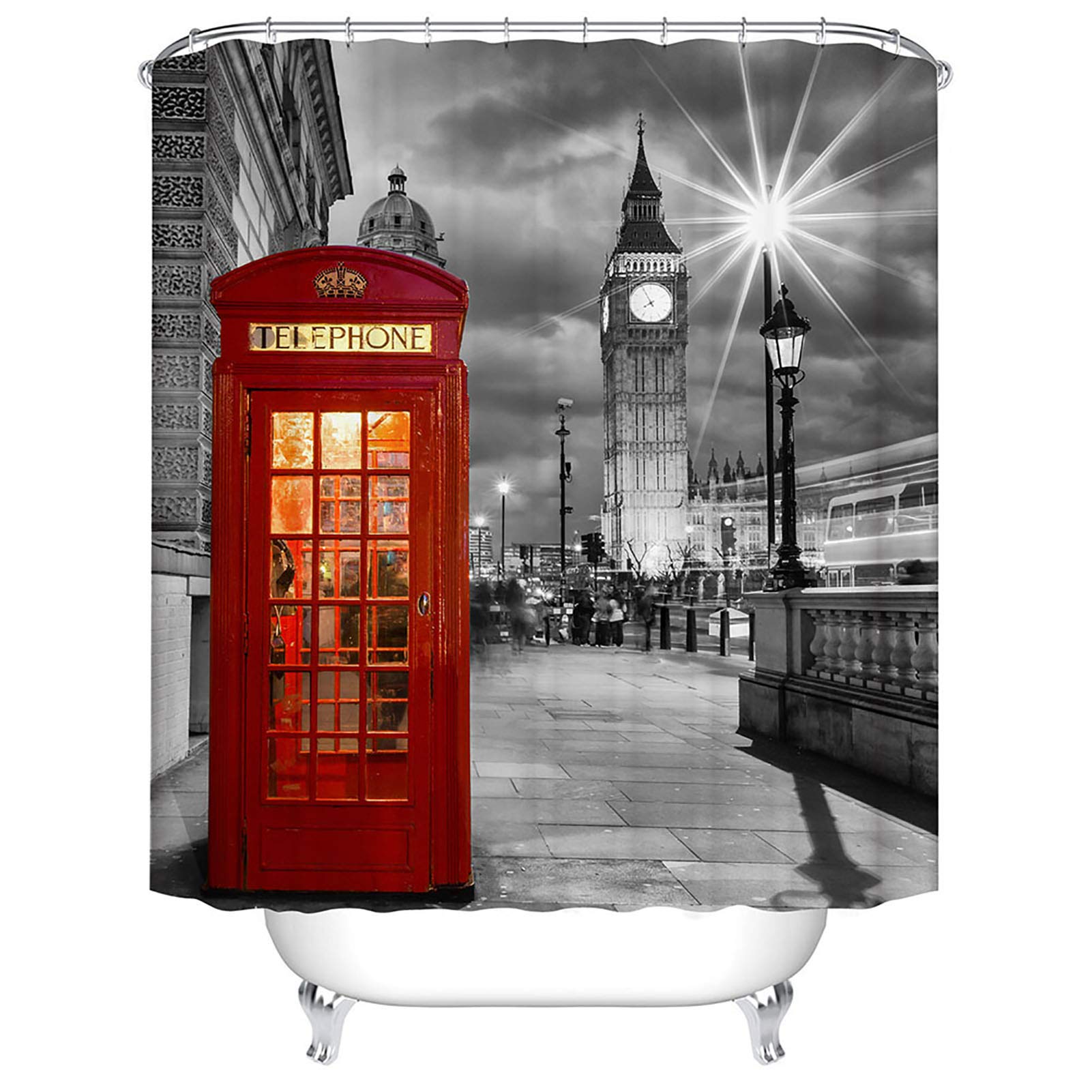 BOYOUTH Red Telephone Booth and Big Ben Pattern Digital Print Shower Curtain for Bathroom Decor,Polyester Waterproof Fabric Bath Curtain with 12 Hooks,70x78 Inches,Multicolor โ image 1