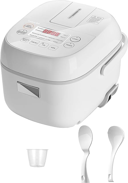 Toshiba Small Rice Cooker 3 Cup Uncooked LCD Display with 8 Cooking Functions, Fuzzy Logic Technology, 24-Hr Delay Timer and Auto Keep Warm, Non-Stick Inner Pot, White