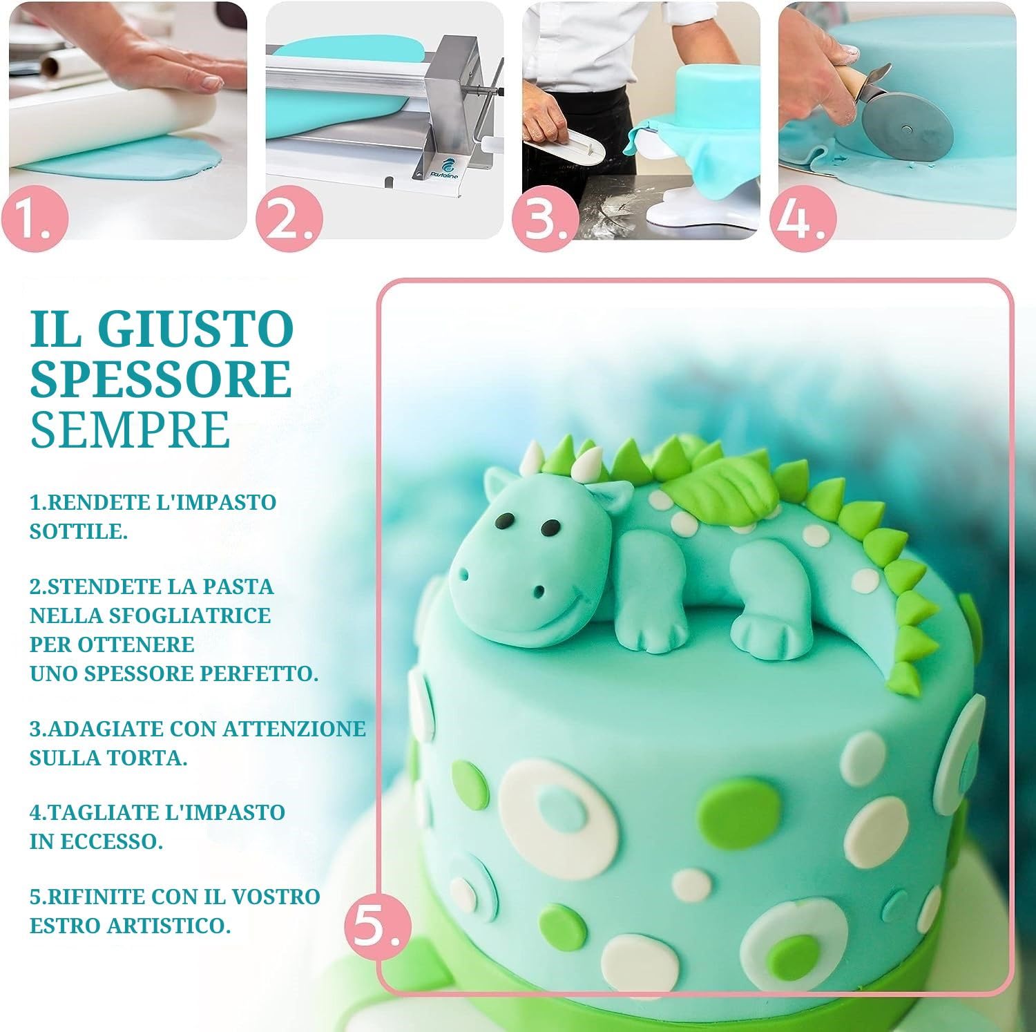 Pastaline Sfogliafacile MANUALE Ideale per la Lavorazione di tutti i tipi di Pasta Zuccherina,Lavorazione Fondenti (modello compatto Mini)