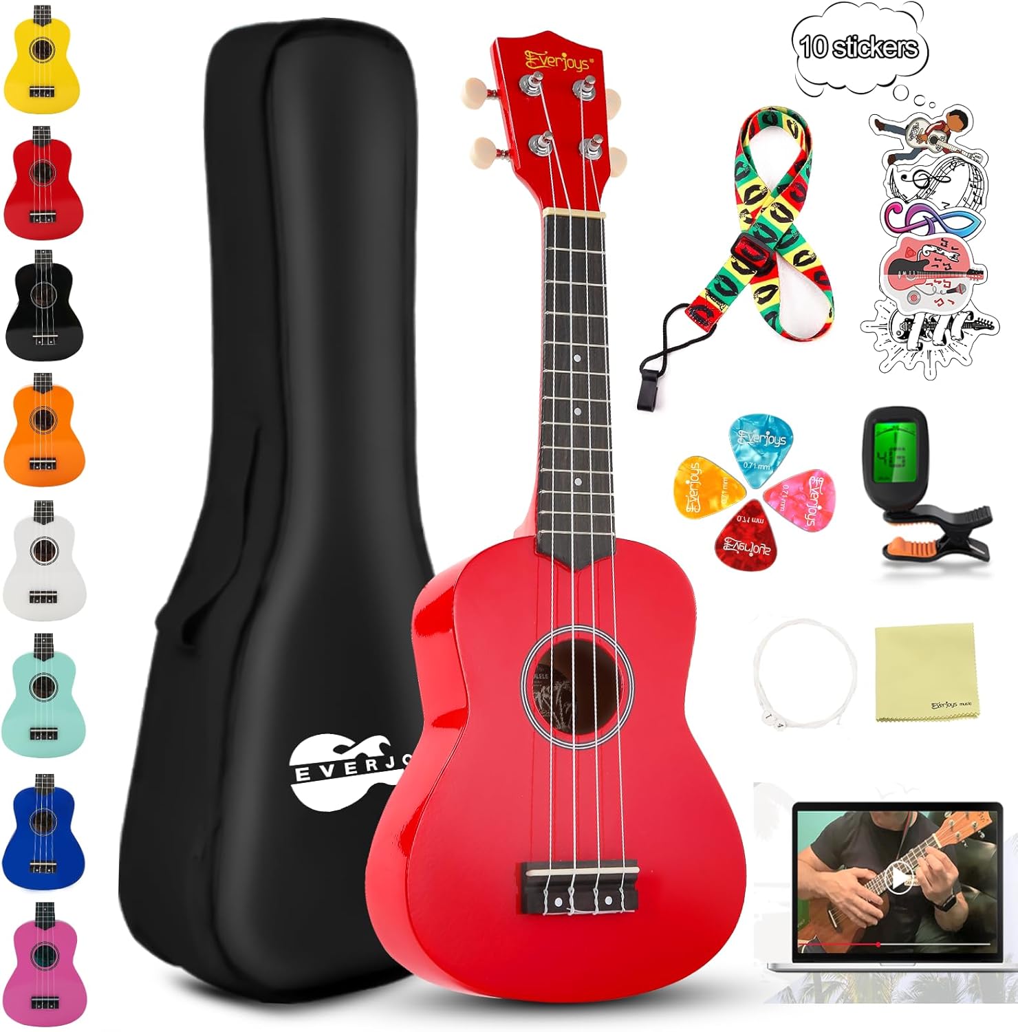 Soprano Ukulele Beginner Kit for Kids Adult Student w/Free Online Lesson 21 Inch Ukelele Gig Bag Strap String Tuner Pick Polishing Cloth, Rainbow Series Ukalalee