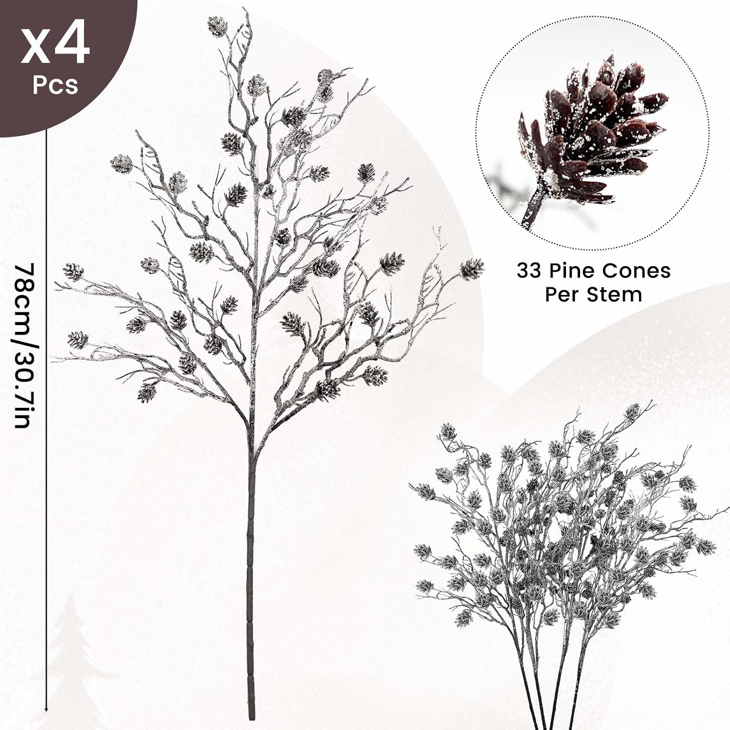 Daily Treasures 4pcs Snow Frosted Pine Branches with Pinecones - 78cm Artificial Christmas Pine Cone Branch,Winter Snowy Christmas Decoration for Xmas Tree,Vase, DIY, Crafts,Home,Wreath,Holiday Season