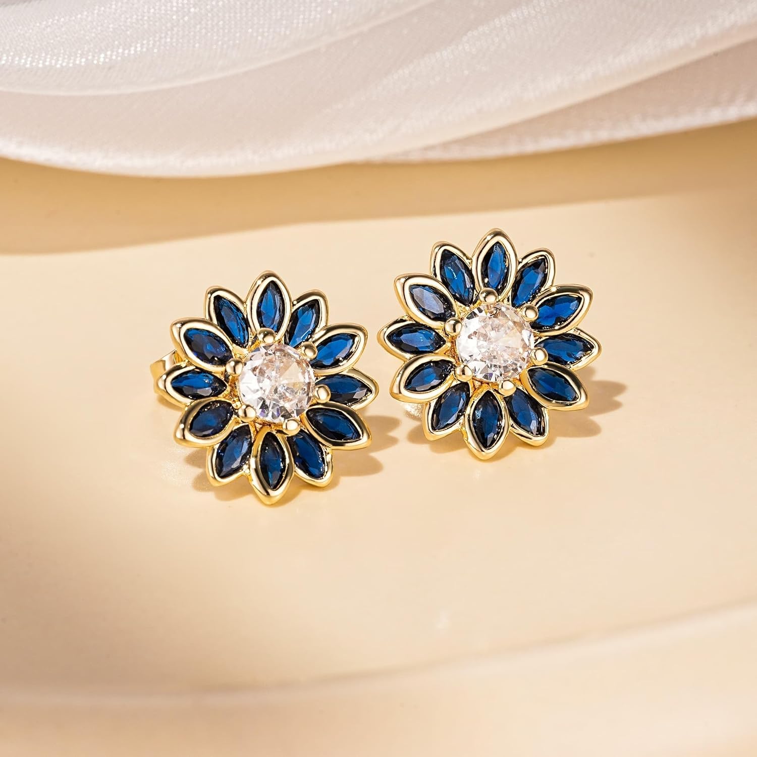 EVEVIC Austrian Crystal Flower Stud Earrings for Women Fashion 14K Gold Plated Hypoallergenic Jewelry - Image 4