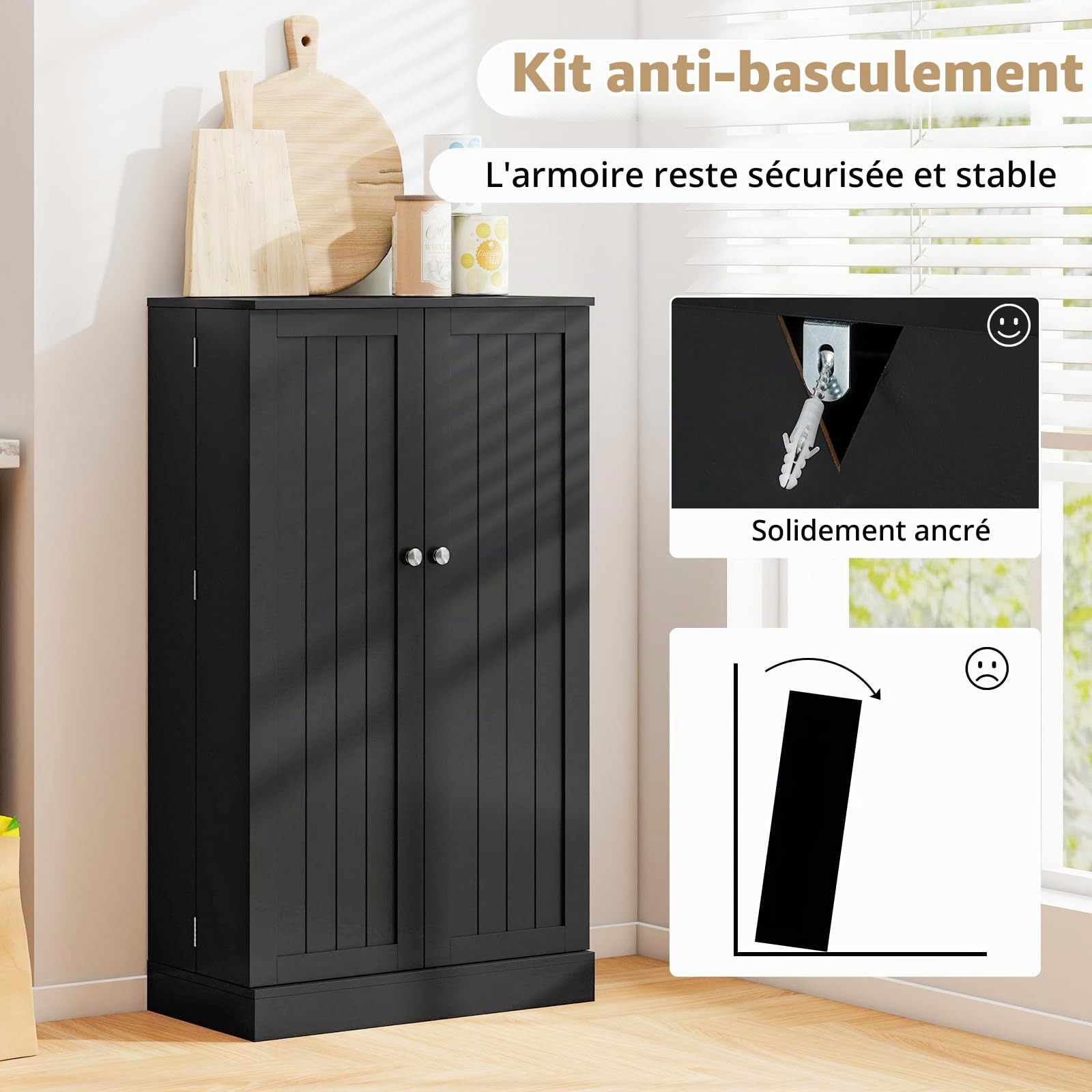 GIANTEX Buffet de Cuisine avec 2 Portes, Armoire de Rangement avec 17 Étagères et Etagères Réglables, Dispositif Anti-Basculement 59 x 30,5 x 103 cm, pour Cuisine, Entrée, Salon, Noir