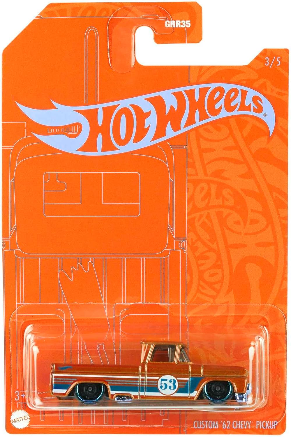 Hot Wheels Orange & Blue 53rd Anniversary Custom '62 Chevy Pickup Truck 3/5 DieCast 1:64th Scale