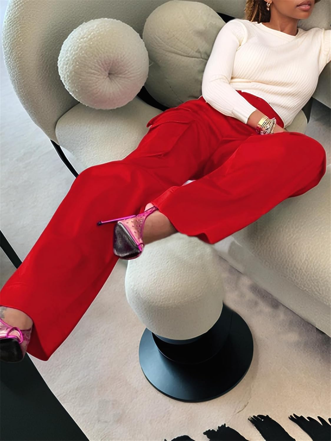 Satin Cargo Pants for Women High Waisted Wide Leg Silky Dressy Club Outfits with Pockets Casual Streetwear - Image 3