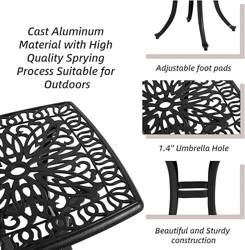 Miniatura 3 de Juego de 3 piezas de aluminio fundido para exteriores, 1 mesa de patio y 2 sillas para jardín y balcón, durabilidad resistente al óxido, color negro
