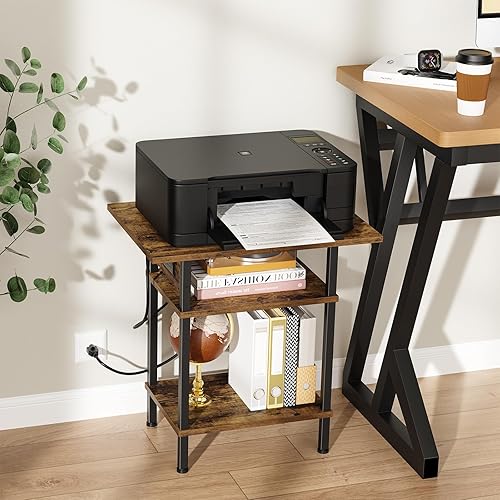 Miniatura 7 de Mesa auxiliar con estación de carga, mesita de noche delgada con puertos USB y tomas, mesa auxiliar estrecha de 3 niveles con almacenamiento para