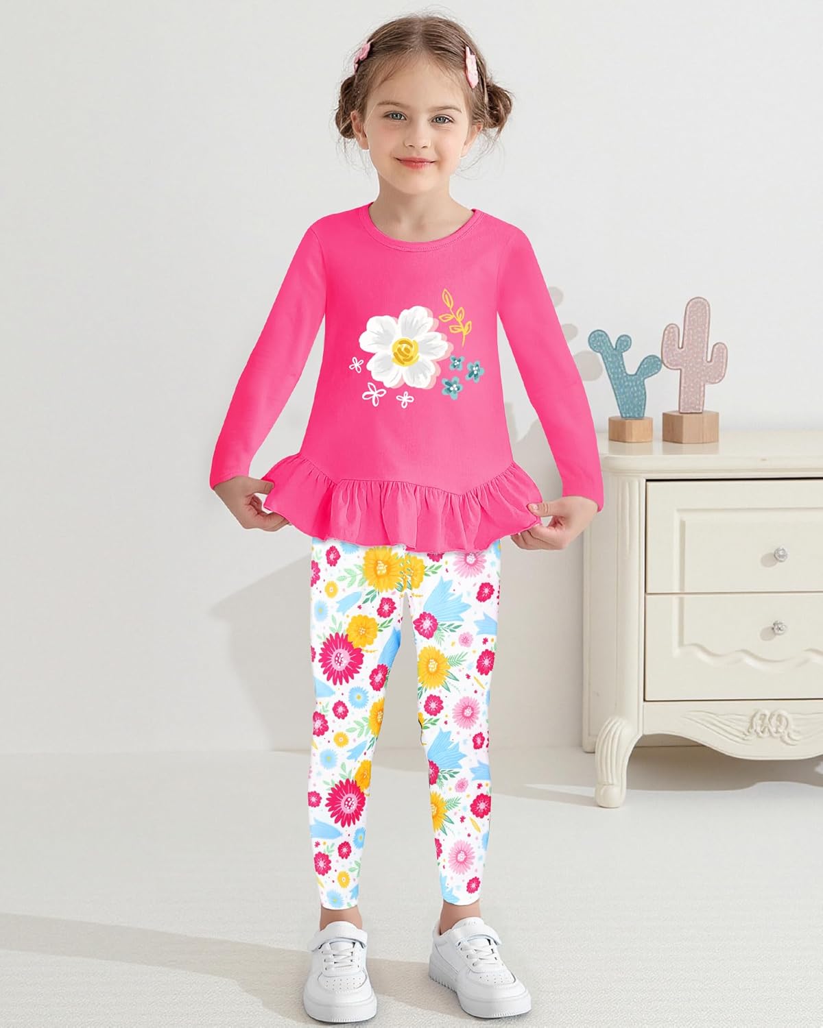 CARETOO Toddler Girl Clothes Girl 2pcs Fall Winter Outfit Ruffle Hem Top and Full-print Patterned Pants 2-7 Years - Image 3