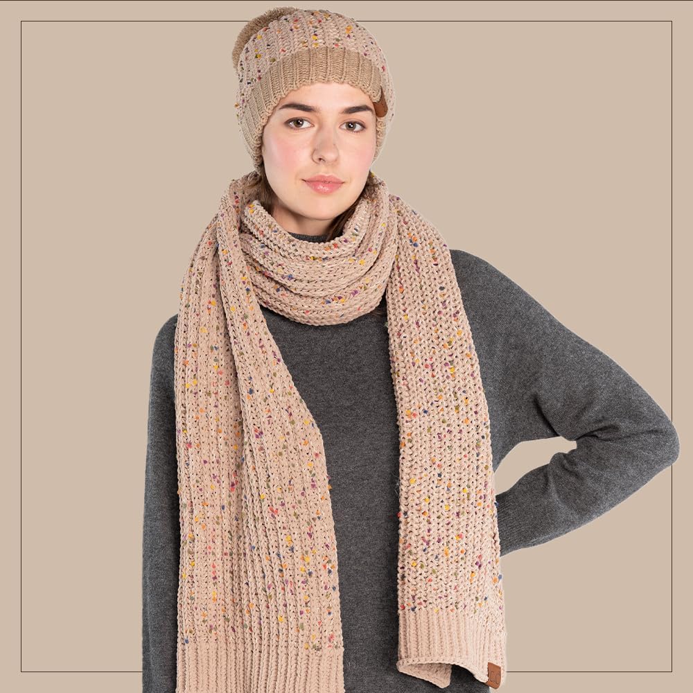 C.C Cable Knit Beanie and Scarf Set, Colorful Confetti Pattern, Winter Accessories