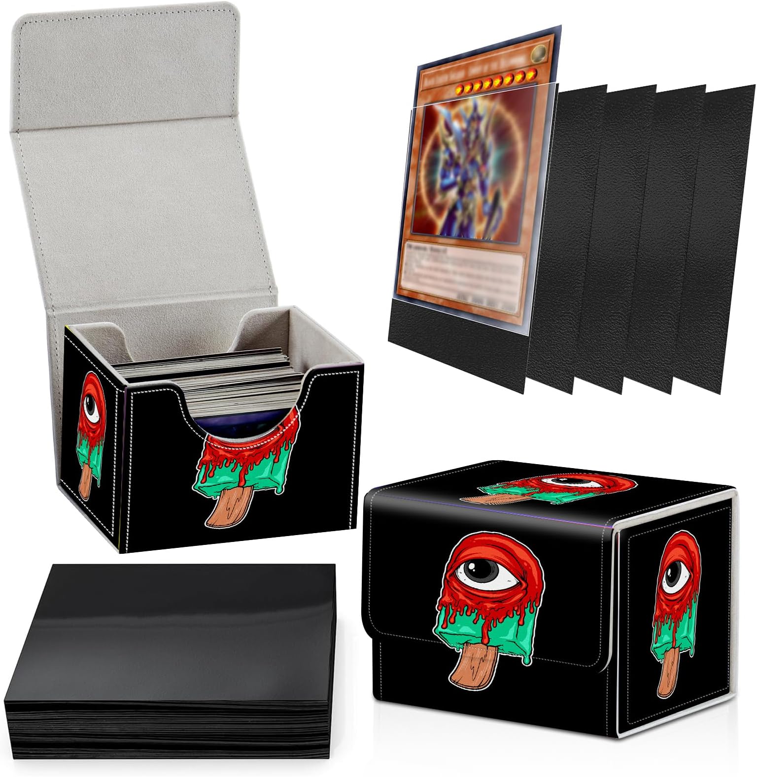 Card Deck Box Plus 100 Counts Black Card Sleeves, Eye Ice Cream for Collectible MTG TCG CCG Card Storage Box Horizontal Holds 100+ Single Sleeved Cards, Magic Game Cards Organizer