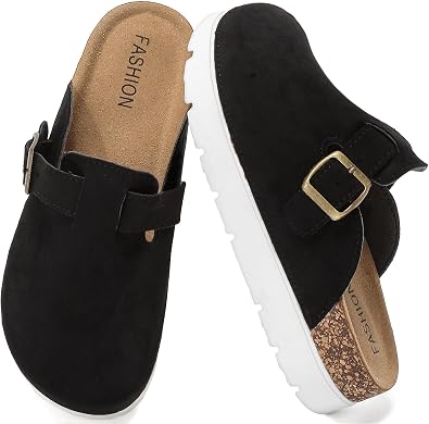 youermei Leather Platform Clogs for Women with Cork Footbed,Comfort Memory Foam Chunky Mules with Arch Support Womens Slip On Slippers Potato Shoes Outdoor Indoor